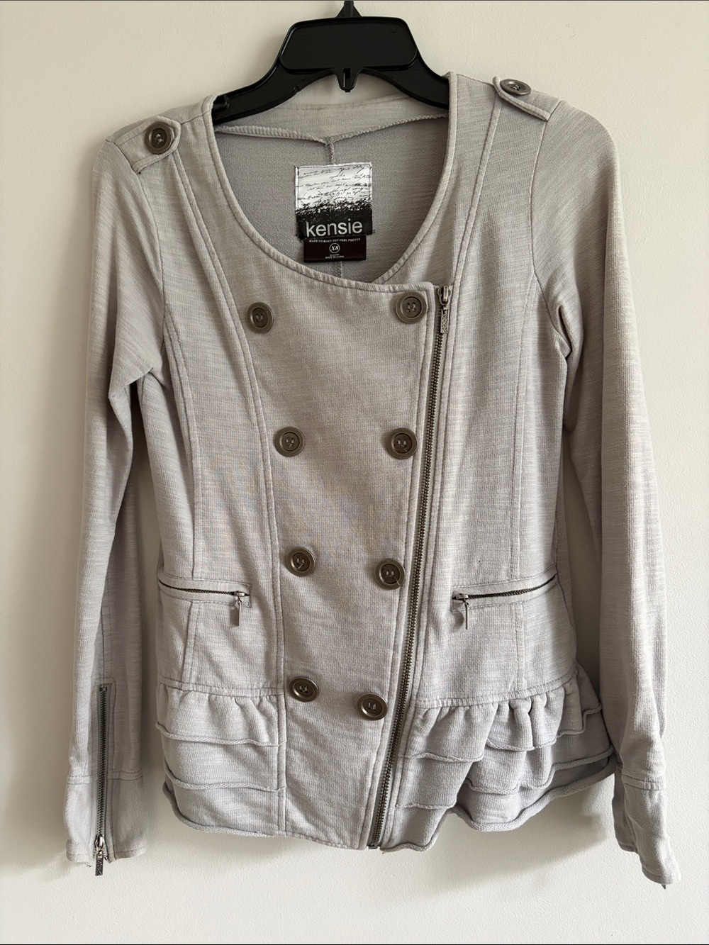 Kensie Light Gray Double-Breasted Ruffle Hem Jacket with Zipper Detail